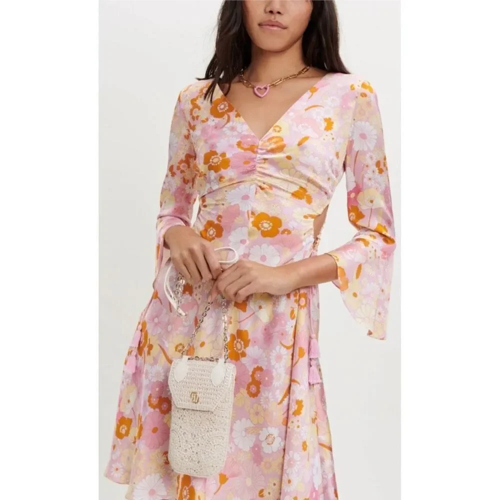 NWT Maje Flower Power Printed Satin Dress Pink Floral Long Sleeve V-Neck 40 US 8